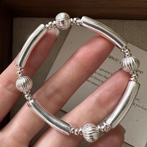 Pulsera de Cuentas de Plata de Ley 925 para Mujer Retro Minimalista Tubo Liso Cordón Elástico Cuentas Texturizadas Accesorio de Joyería