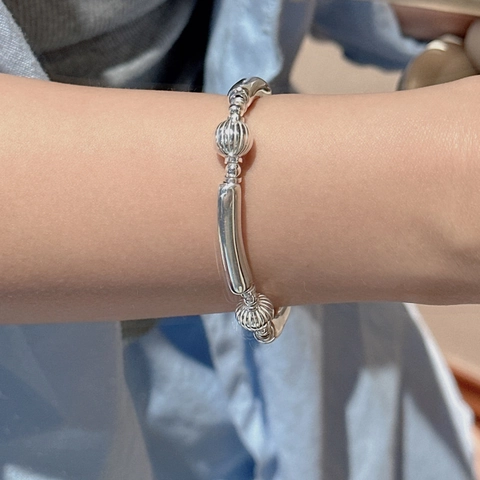 Pulsera de Cuentas de Plata de Ley 925 para Mujer Retro Minimalista Tubo Liso Cordón Elástico Cuentas Texturizadas Accesorio de Joyería