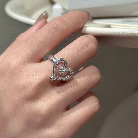 S925 Sterlingsilber Herz Ring Für Damen Minimalistisch Koreanischer Stil Verstellbarer Offener Hohlherz Perlen Fingerring Schmuck Geschenk