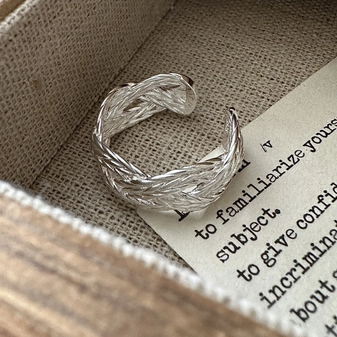 Vintage 925 Sterling Silver Woven Open Ring For Women Minimalist Korean Style Adjustable Braid Twist Finger Ring Retro Jewelry Gift