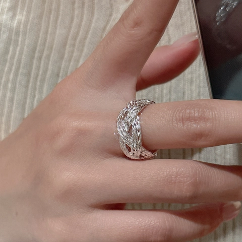 Vintage 925 Sterling Silver Woven Open Ring For Women Minimalist Korean Style Adjustable Braid Twist Finger Ring Retro Jewelry Gift