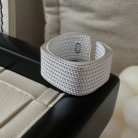 Anillo Cuadrado de Plata de Ley S925 para Mujer Minimalista Textura de Malla Trenzado Banda Abierta Ajustable Joyería Moda