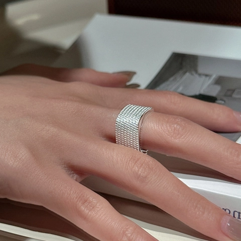 Anillo Cuadrado de Plata de Ley S925 para Mujer Minimalista Textura de Malla Trenzado Banda Abierta Ajustable Joyería Moda