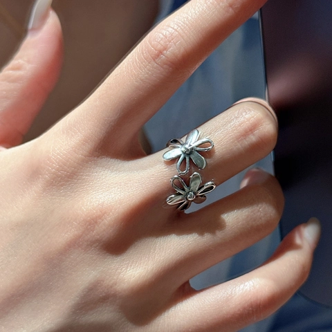 S925 Sterlingsilber Doppelblume Offener Ring Für Damen Retro Gänseblümchen Verstellbarer Fingerring Vintage Ästhetik Schmuck