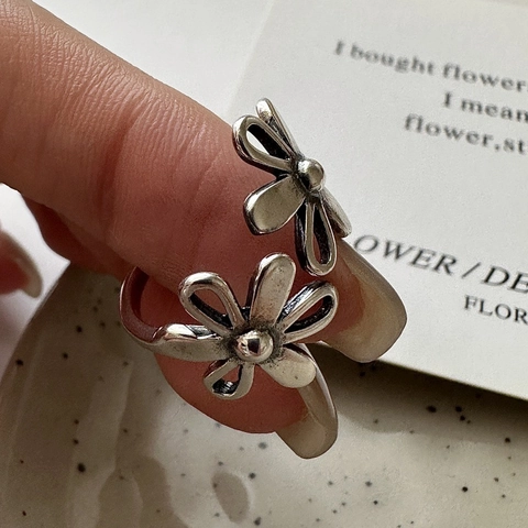 S925 Sterlingsilber Doppelblume Offener Ring Für Damen Retro Gänseblümchen Verstellbarer Fingerring Vintage Ästhetik Schmuck