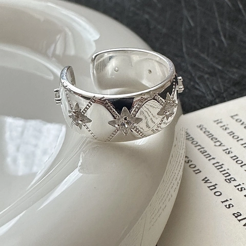 S925 Sterlingsilber Stern Offener Ring Für Damen Retro Einfach Vierzackiger Stern Strass Eingelegter Verstellbarer Breiter Ring Mode Schmuck Fingerring