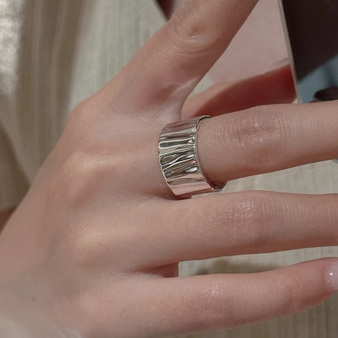 S925 Sterling Zilveren Open Ring Met Rimpeltextuur Voor Dames Minimalistische Retro Koreaanse Stijl Verstelbare Ring