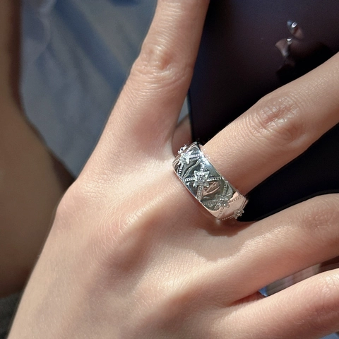 S925 Sterlingsilber Stern Offener Ring Für Damen Retro Einfach Vierzackiger Stern Strass Eingelegter Verstellbarer Breiter Ring Mode Schmuck Fingerring