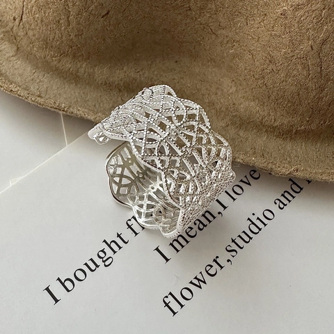 925 Sterling Silver Wide Band Ring For Women Vintage Lace Hollow-out Adjustable Open Ring Korean Style Geometric Jewelry