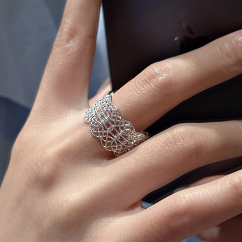 925 Sterling Silver Wide Band Ring For Women Vintage Lace Hollow-out Adjustable Open Ring Korean Style Geometric Jewelry