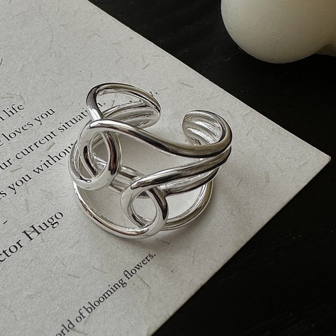 S925 Sterling Silver Open Adjustable Ring For Women Minimalist Multi Layer Intertwined Geometric Finger Ring Korean Fashion Jewelry Gift