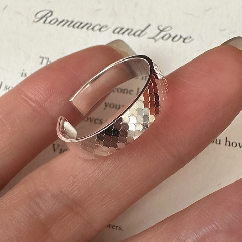 925 Sterlingsilber Fischschuppen Textur Verstellbarer Offener Ring Für Damen Minimalistischer Personalisierter Crushed Ice Ring