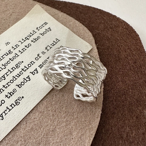 S925 Sterlingsilber Mehrlagige Welle Offener Ring Für Damen Koreanisch Minimalistisch Unregelmäßig Ausgehöhlter Breiter Verstellbarer Ring Schmuck Geschenk
