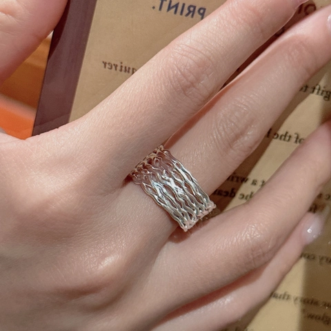 S925 Sterlingsilber Mehrlagige Welle Offener Ring Für Damen Koreanisch Minimalistisch Unregelmäßig Ausgehöhlter Breiter Verstellbarer Ring Schmuck Geschenk