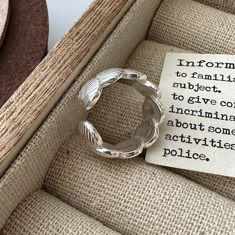 Vintage 925 Sterling Silver Shell Texture Open Ring For Women Korean Style Adjustable Geometric Band Jewelry Finger Ring Gift