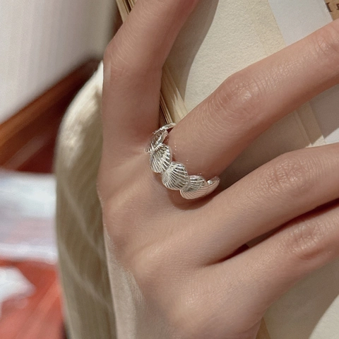 Vintage 925 Sterling Silver Shell Texture Open Ring For Women Korean Style Adjustable Geometric Band Jewelry Finger Ring Gift