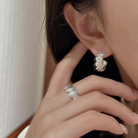 Pendientes de Botón de Plata de Ley 925 Diseño de Concha Vintage Estilo Coreano Pendientes de Aro en C para Mujer Joyería