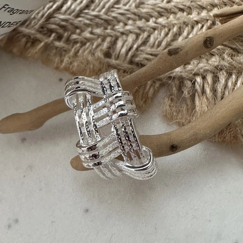 Bague Ouverte en Argent Sterling 925 Vintage Texture Tissée Design de Niche Bague Géométrique Personnalisée pour Femme Cadeau de Fête