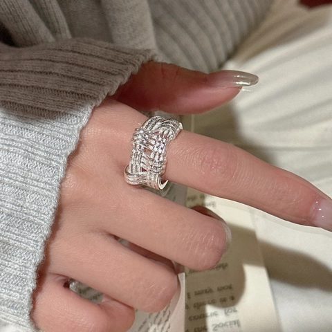 Bague Ouverte en Argent Sterling 925 Vintage Texture Tissée Design de Niche Bague Géométrique Personnalisée pour Femme Cadeau de Fête