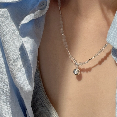 Collana di Perle di Cristallo Bianco in Argento Sterling 925 per Donna Catena Minimalista a Clavicola Con Ciondolo a Sfera Argentata