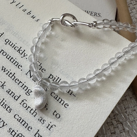 Collar de Plata de Ley S925 con Colgante de Frijol Anudado de Cristal Blanco Estilo Coreano Minimalista Cadena de Clavícula