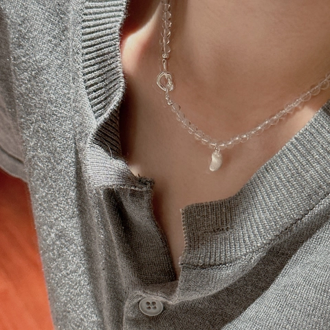 Collar de Plata de Ley S925 con Colgante de Frijol Anudado de Cristal Blanco Estilo Coreano Minimalista Cadena de Clavícula