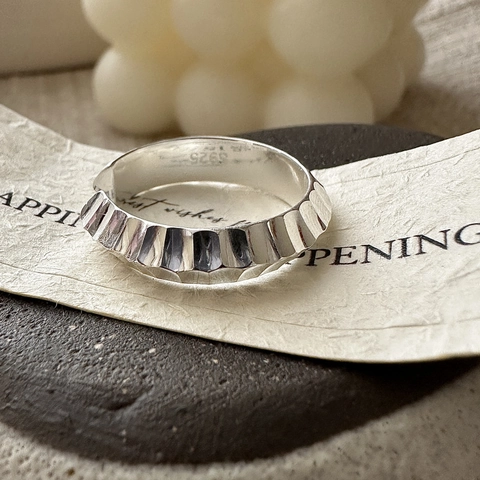 925 Sterling Silver Adjustable Open Ring Minimalist Geometric CNC Retro Texture Finger Ring Fashion Jewelry Gift For Women