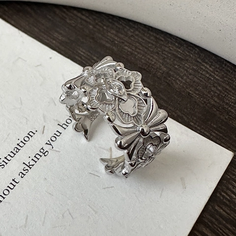 Anello Aperto Regolabile in Argento Sterling 925 Fiore di Iris Gotic Retrò Strass Intagliato Gioielli per Donna