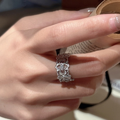 Anello Aperto Regolabile in Argento Sterling 925 Fiore di Iris Gotic Retrò Strass Intagliato Gioielli per Donna