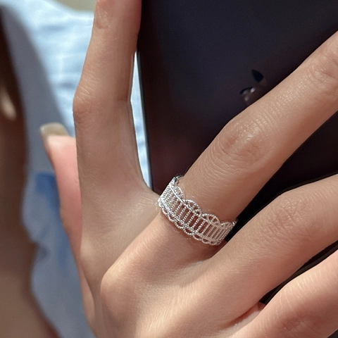 Anello Aperto in Argento Sterling 925 Vintage in Pizzo Traforato per Donna Regolabile Minimalista Geometrico Gioielli di Moda