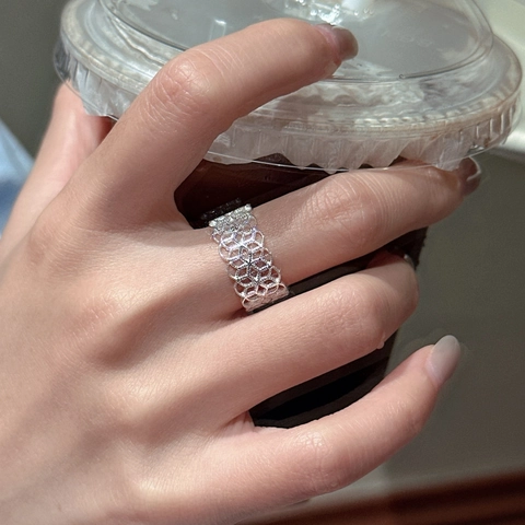 Vintage 925 Sterlingsilber Hohl Spitze Ring Für Damen Verstellbar Geometrisches Gitter Offener Fingerring Stilvoller Schmuck Geschenk