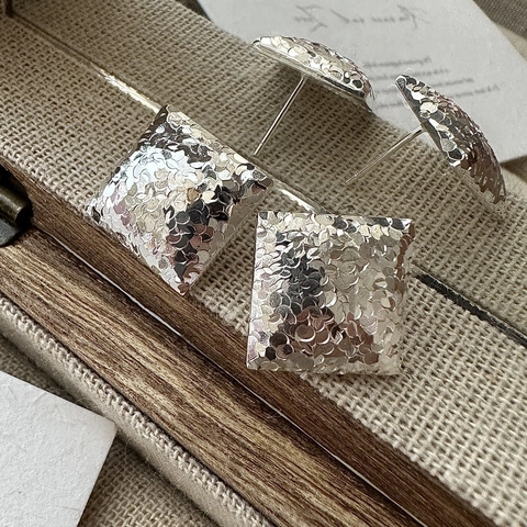 925 Sterling Silver Square Stud Earrings For Women Retro Geometric Hammered Texture Personalized Niche Design Ear Jewelry Gift