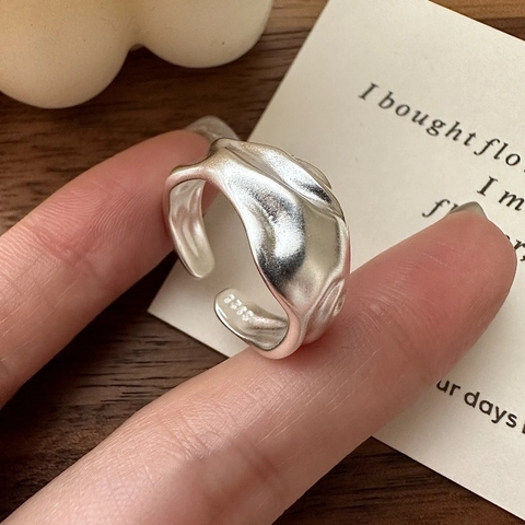 Koreanischer Minimalistischer 925 Sterling Silber Ring Unregelmäßige Welle Retro Matt Falten Verstellbarer Offener Ring