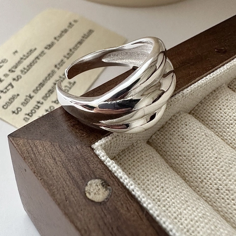 S925 Sterlingsilber Breiter Wellenring Damen Koreanischer Minimalistischer Dreilagiger Verstellbarer Offener Ring Modeschmuck