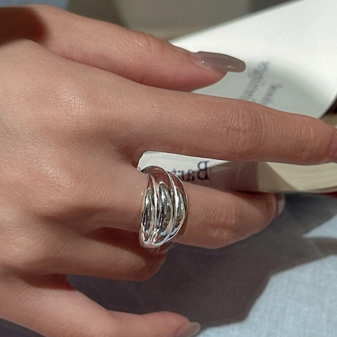 S925 Sterlingsilber Breiter Wellenring Damen Koreanischer Minimalistischer Dreilagiger Verstellbarer Offener Ring Modeschmuck