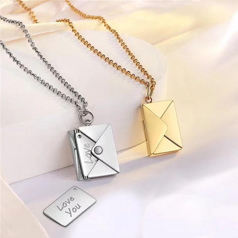 Stainless Steel Envelope Locket Necklace With Hidden Message Card Love You Engraved Pendant Personalized Fashion Jewelry Gift For Women