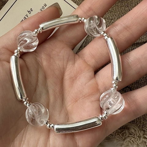 Bracciale S925 in Argento Sterling con Perline per Donna Design Vintage Perle a Spirale in Cristallo Artificiale Bianco