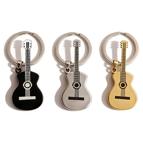 Trendy Hip Hop Stainless Steel Guitar Keychain Musical Instrument Pendant Key Ring For Unisex Gift Gold Silver Electroplated
