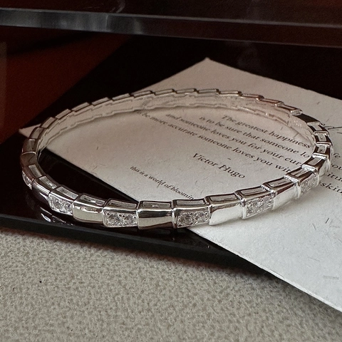 Brazalete de Plata de Ley 925 con Escamas de Serpiente para Mujer Pulsera Minimalista de Hueso de Serpiente con Circonia Joyería Regalo