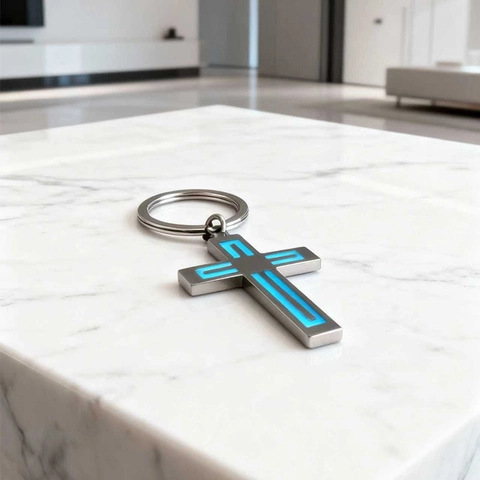 Llavero de Cruz de Acero Inoxidable Luminoso Para Hombres Mujeres Azul Glow In The Dark Colgante Religioso Anillo de Llave