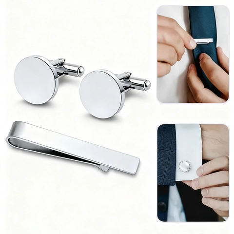 Set di Gemelli e Fermacravatta in Acciaio Inossidabile Minimalista da Uomo Argento Lucido Business Matrimonio Accessori Formali