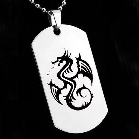 Men's Stainless Steel Dragon Totem Dog Tag Pendant Necklace Silver Color Ball Chain Punk Style Streetwear Hip Hop Jewelry
