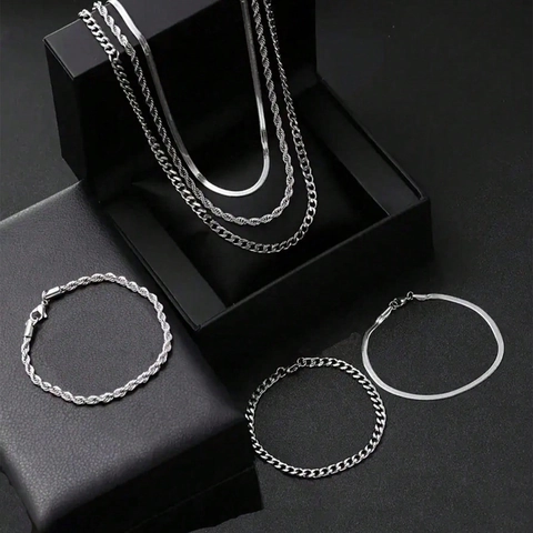 Unisex Stainless Steel Jewelry Set For Women Men Rope Snake Curb Chain Necklace And Bracelet Set Silver Tone Fashion Jewelry
