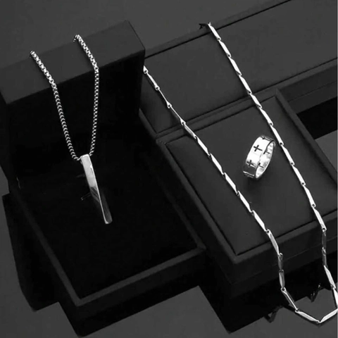 Roestvrij Stalen Heren Sieradenset Zilver Kruis Ring Geometrische Hanger Ketting Bamboe Ketting Set Minimalistische Punk Accessoires