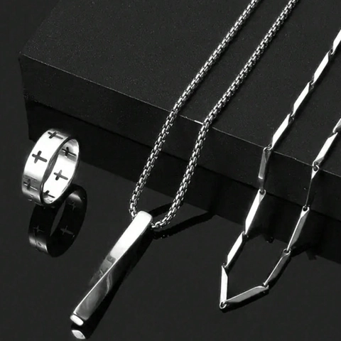 Roestvrij Stalen Heren Sieradenset Zilver Kruis Ring Geometrische Hanger Ketting Bamboe Ketting Set Minimalistische Punk Accessoires