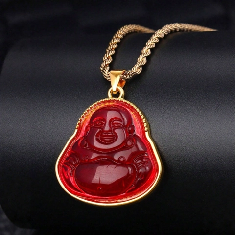 Lucky Maitreya Laughing Buddha Pendant Necklace Gold Color Rope Chain Ethnic Religious Jewelry For Men Women Gift
