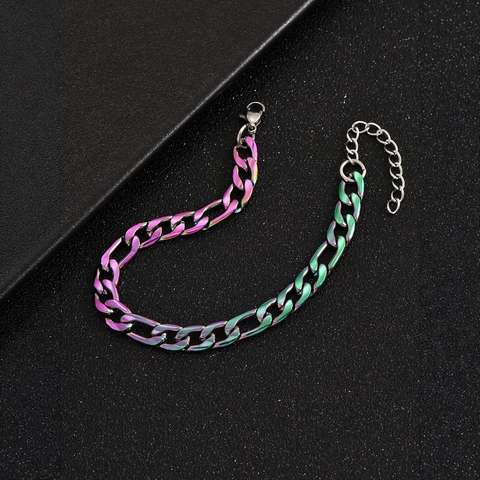 Hip Hop Iridescent Rainbow Stainless Steel Cuban Link Bracelet For Men Women Adjustable Extension Chain Fashion Jewelry Gift