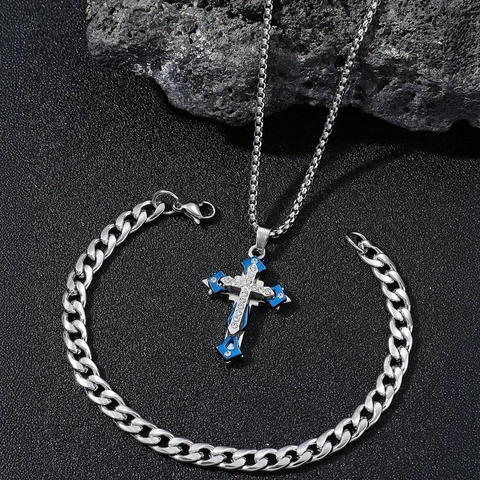 Collana Con Pendente A Croce In Acciaio Inossidabile E Combinazione Di Bracciale A Maglia Cubana Argento Con Strass Gioielli