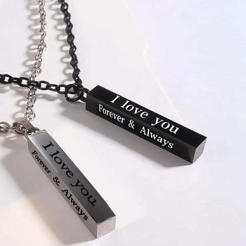 Stainless Steel Rectangular Pillar Pendant Necklace For Couples Laser Engraved I Love You Forever Always Geometric Bar Jewelry Gift
