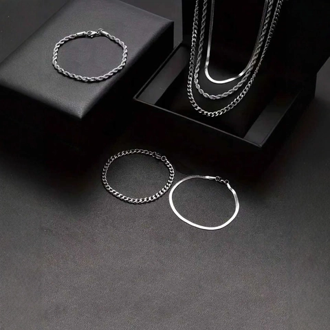 Unisex Stainless Steel Jewelry Set For Women Men Rope Snake Curb Chain Necklace And Bracelet Set Silver Tone Fashion Jewelry